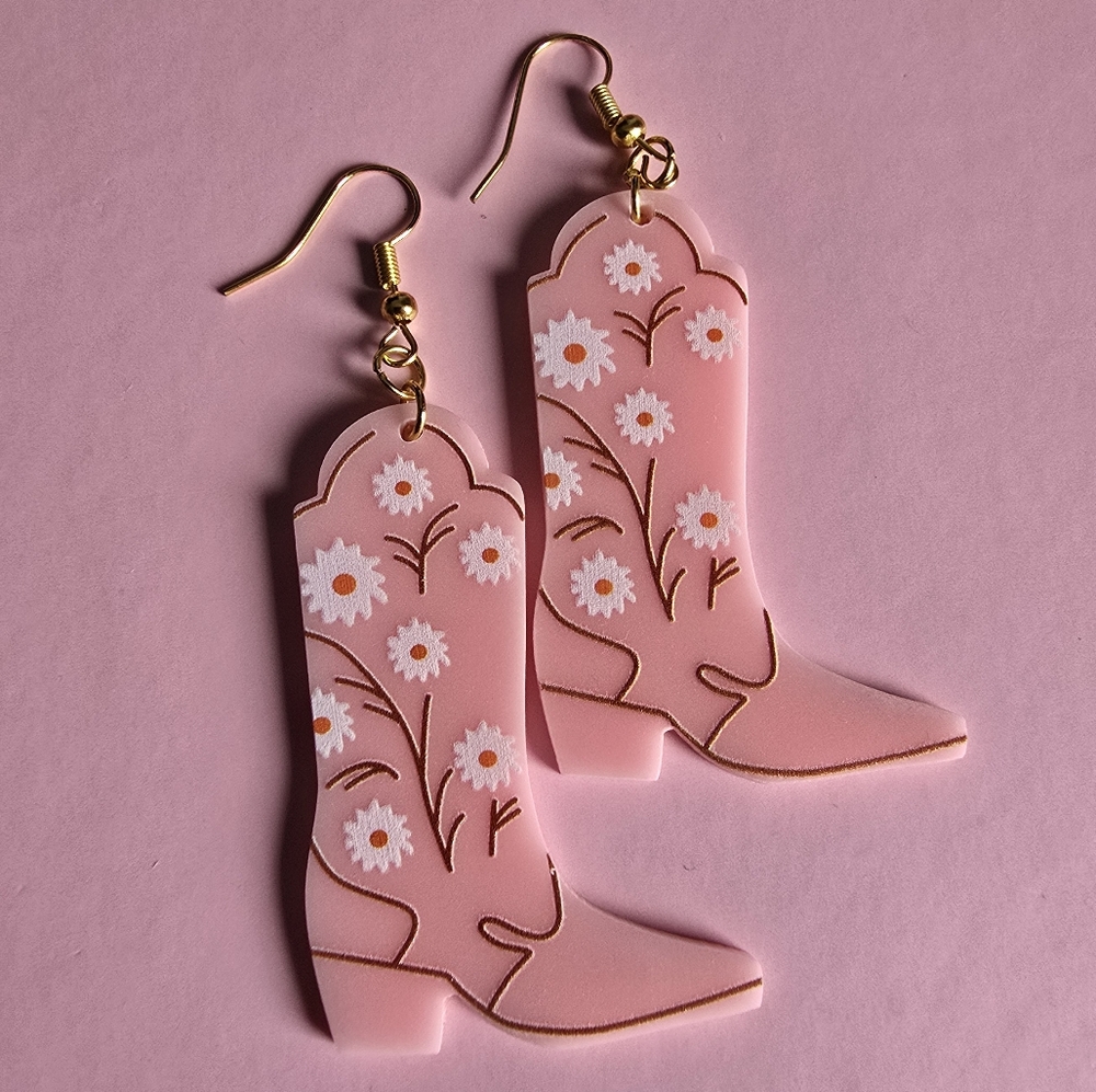Pink Cowboy Boot Earrings 18k Gold Plated Nickel Free Hooks